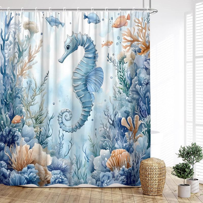 Beach Floral Conch Shower Curtains Watercolour Roses Flowers Starfish Seashells Ocean Waves Scenery Cloth Bathroom Curtain Decor
