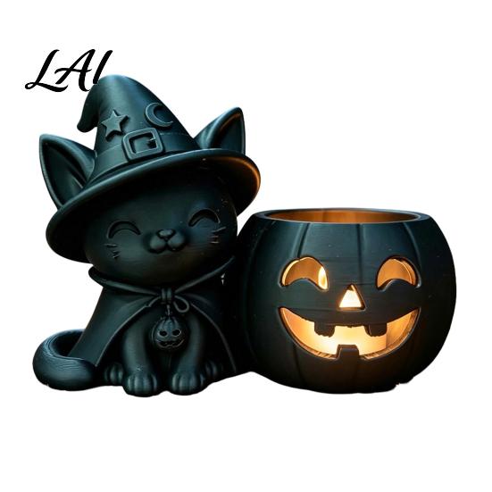 Desktop Ghostly Ornament Halloween Black Cat Pumpkin Candlestick 3D Printed Witch Candle Decor Holder with Tealight Cup Spooky Tabletop for Party