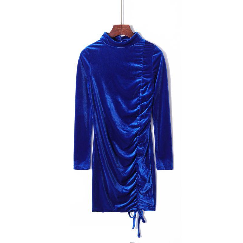 

2023 Fall Women s Clothing Minimalist Pure Color Elegance Stand Collar Pullover Long Sleeves Drawstring Lace Silm Pleuche Dress Sapphire Blue S