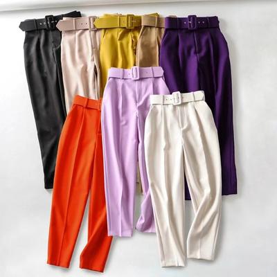 New Fashion Casual Women Straight Leg Suit Nine-point Pants Micro-elastic Slim-fitting Thin Belt Decoration Trousers Solid Color Pencil Pants 1769