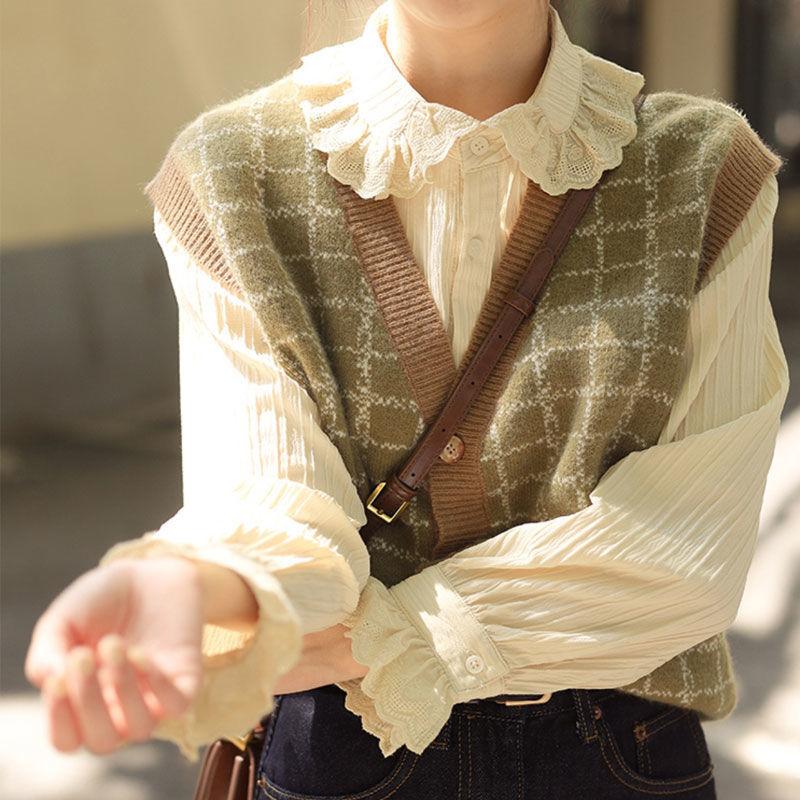 Französisch Retro Grün Plaid Gestreiften Strickjacke Weste Weste frauen Frühling und Herbst Mode Neue V-ausschnitt Pullover Mantel Frauen