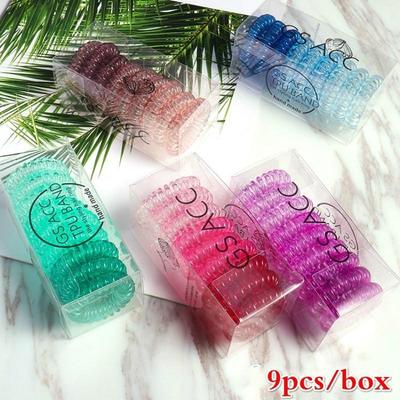9pcs/box Telephone Cord Wire Hair Ties Colorful Elastic TPU Spiral Coil Scrunchies Hair Ring Band