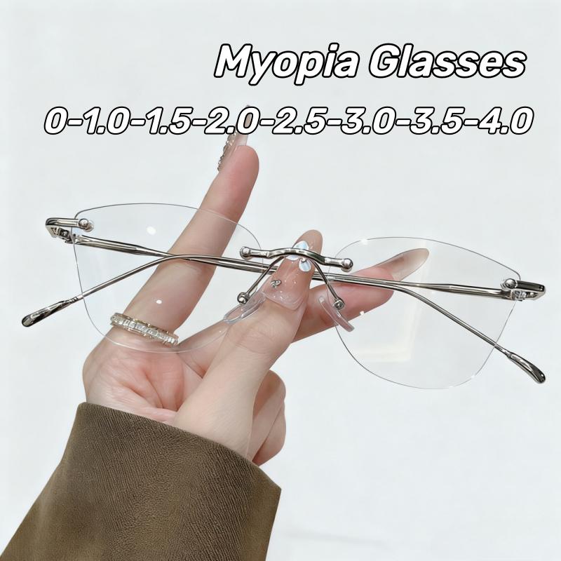 Women'S Ins Style Myopia Glasses New Fashionable Rimless Beveled-Edge Blue Light Blocking Minus Diopter Eyeglasses 0 To -4.0