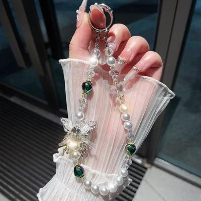 Lace Butterfly Phone Chain Artificial Glass Pearl Bead Diamond Pendant Phone Case Hanging Rope Short Key Strap Charm Lanyard
