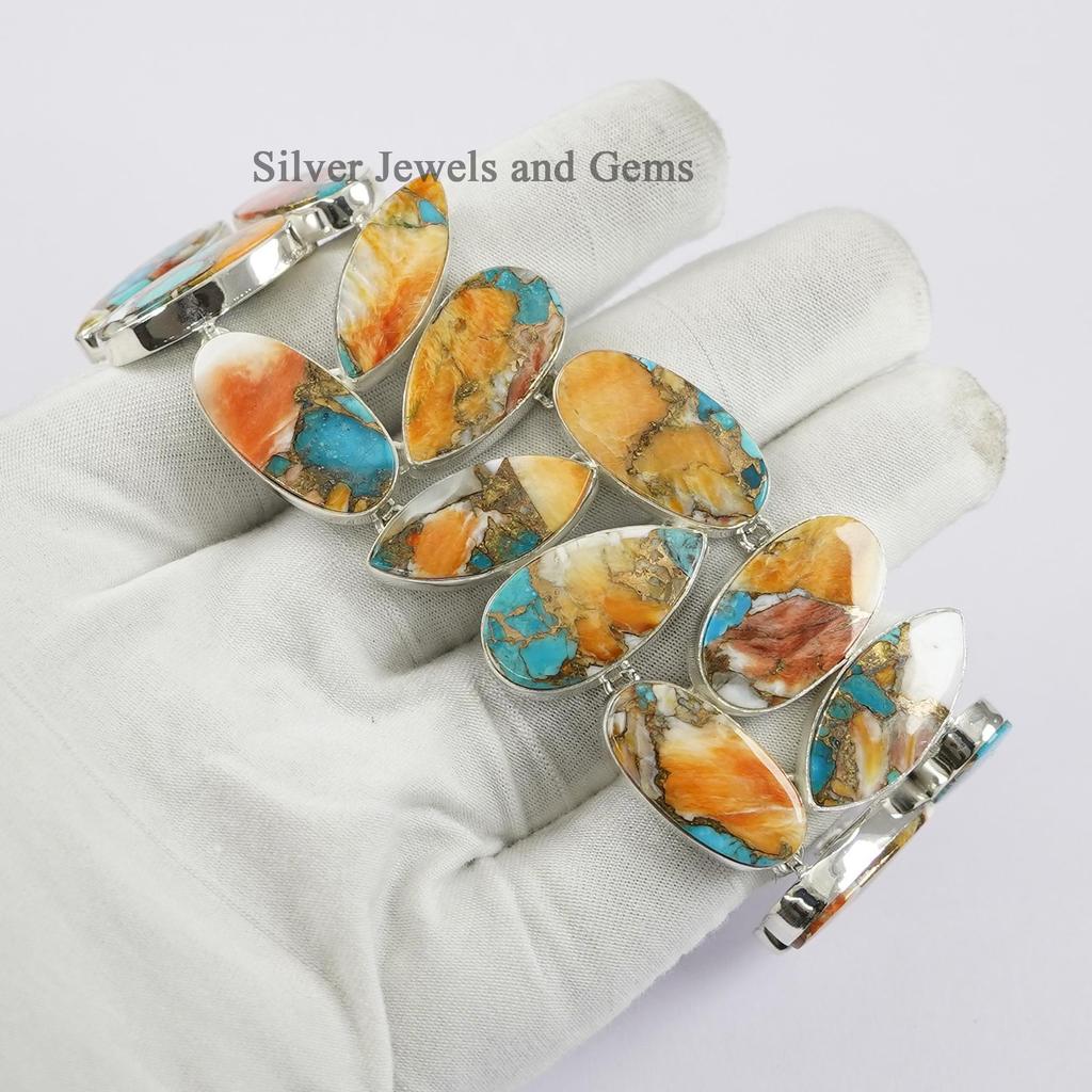 Oyster Copper Turquoise Bracelet, Cluster Bracelet, 925 Sterling Silver Bracelet, Engagement Bracelet, Orange Gemstone Bracelet