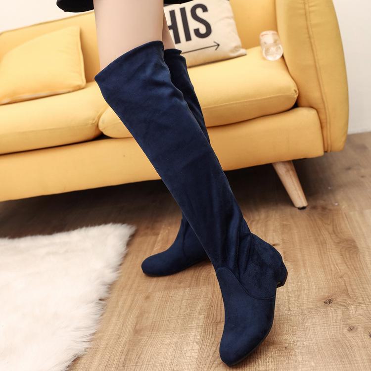 Dames Lange Elastiske Semskede Støvletter - Rund Tå, Høyt Skaft, Toveis Stil, Stor Størrelse, Europeisk og Amerikansk Design