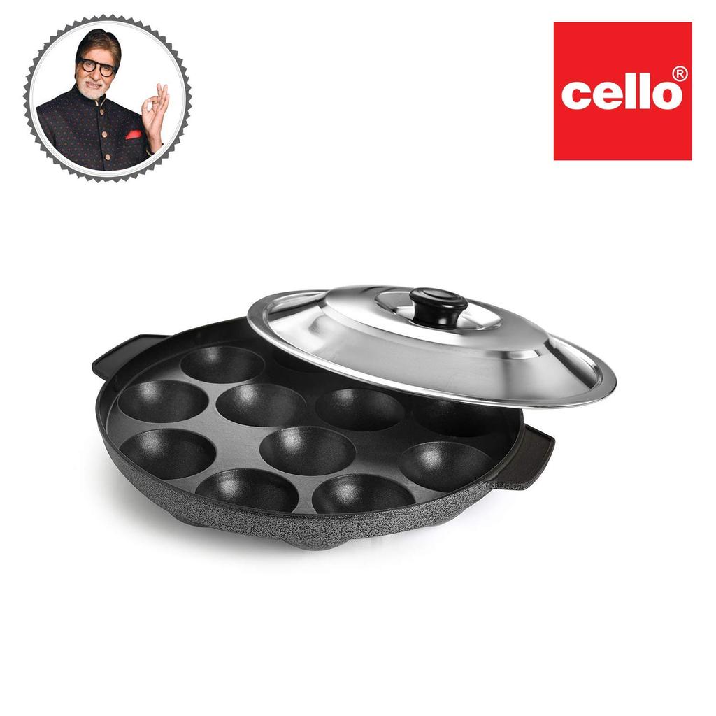 CELLO Non Stick Appam Pan With 12 Cavity And Lid For Crispy Snacks Cooking | Heat Resistant Handles | Sleek Black Gold Design