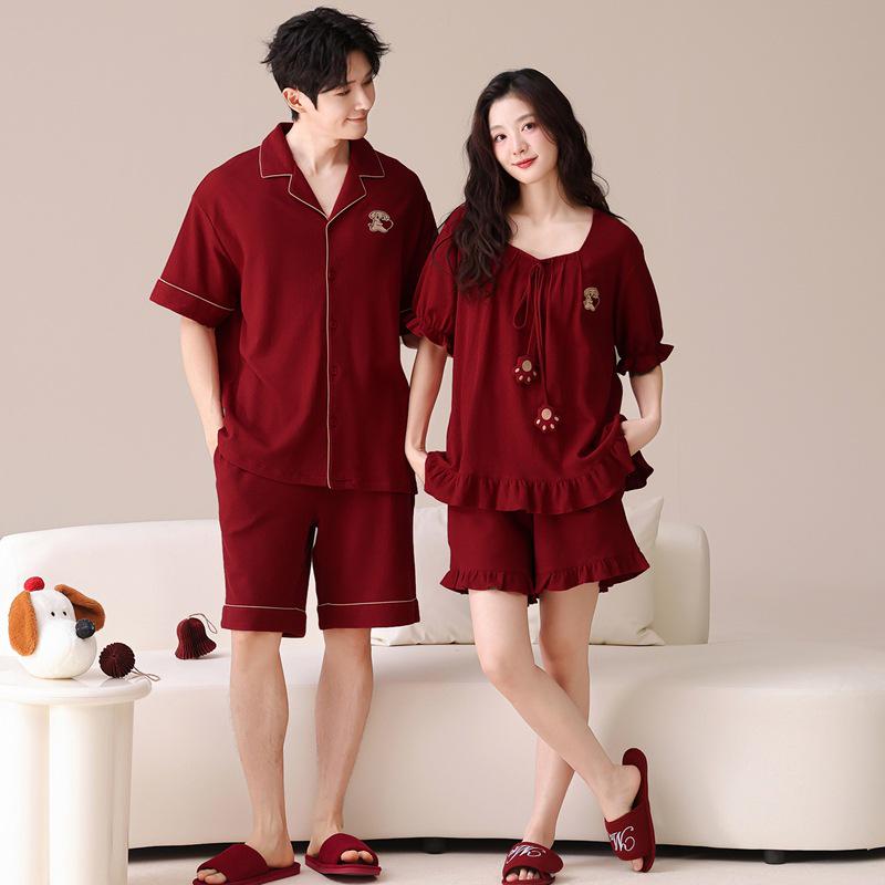 Damen Anti-Bakterielle Hochzeits-Pyjama - Rotes Jahr der Ratte Set, Sommer Baumwolle Kurzarm & Shorts, Paar Hauskleidung.