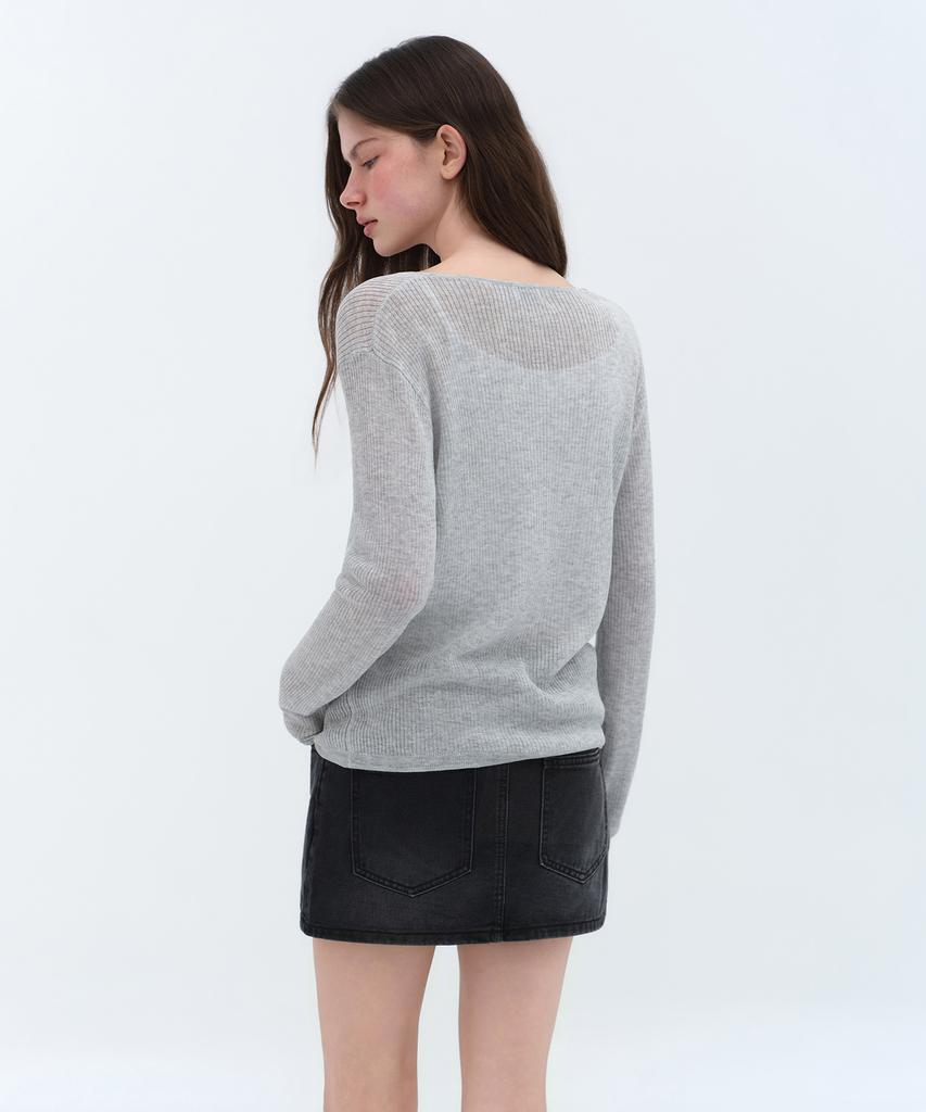 MUSINSA STANDARD WOMAN Women'S Linen Blend Ribbed V-Neck Sheer Knit [Melange Light Grey]