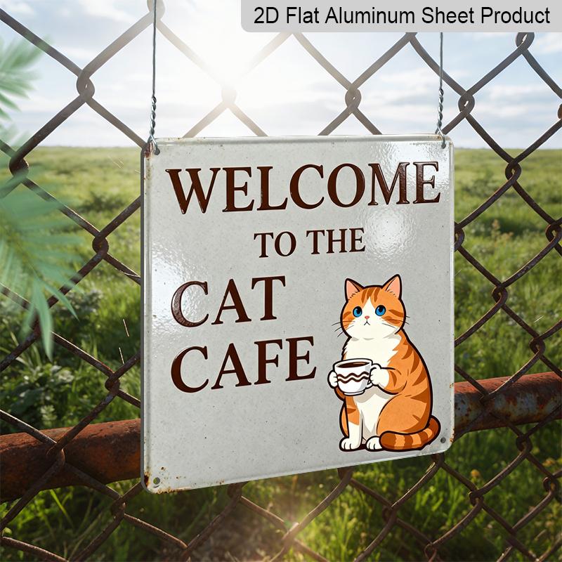 2D Flat - 1pc, Vintage Metal Sign, Outdoor Plaque & Wall Decor, Welcome To The Cat Cafe Sign, Kitchen Wall Art, Pet Room Decoration, Rustic Cozy