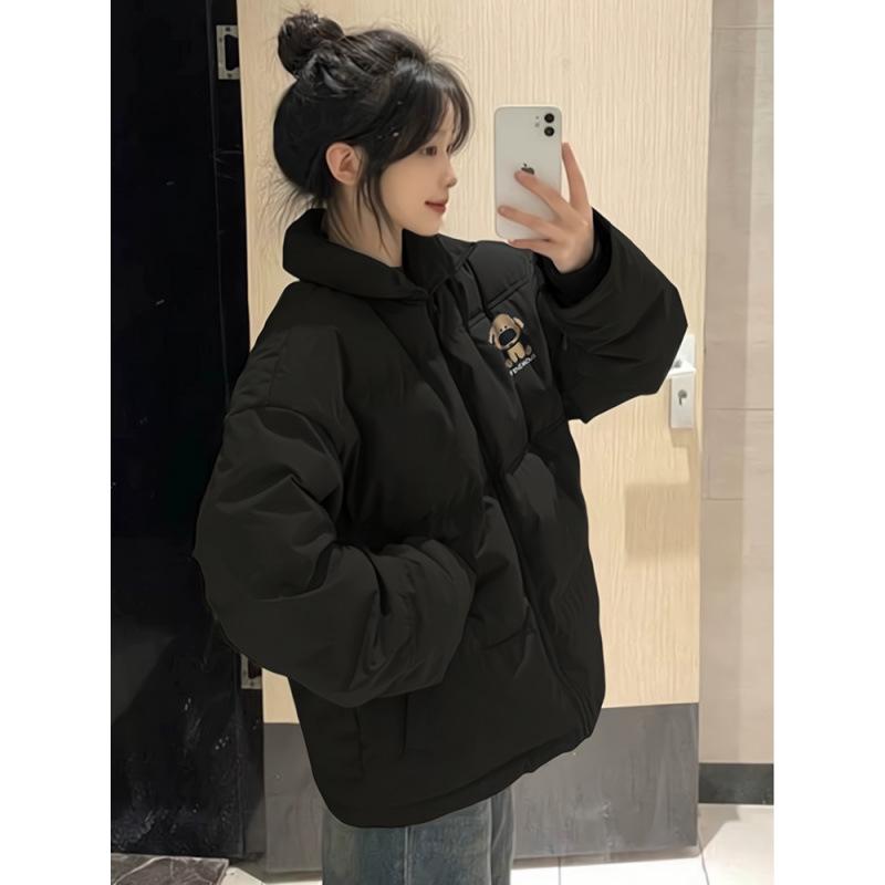 Women's Black Stand Collar Down Cotton Jacket - Autumn/Winter, Small, Loose, Warm, Thickened, Cold Protection Coat for High School Students.