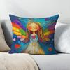 1Pc Oil Painting Style Rainbow Angel Girl Printed Throw Pillow Cover,Suitable For Sofa,Bedroom,Livingroom,Healing Gift For Girls