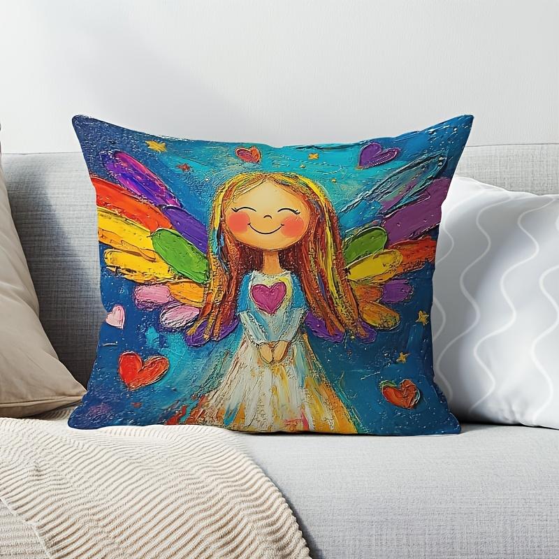 1Pc Oil Painting Style Rainbow Angel Girl Printed Throw Pillow Cover,Suitable For Sofa,Bedroom,Livingroom,Healing Gift For Girls