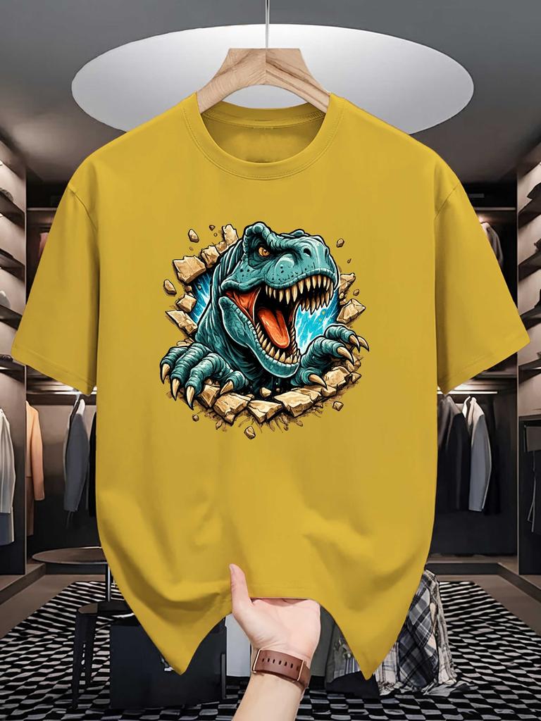 Mens Crew Neck T Shirt Cool T Rex Dinosaur Break Wall Graphic Tees Vintage Animal Print Casual Streetwear Cotton Summer Tops