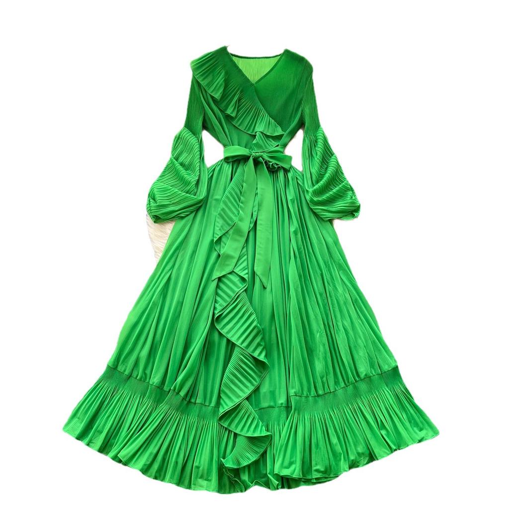 French Celebrity Pleated V-neck Long-sleeved Lace-up Ruffle Edge Waist Dress Women's Elegant Big Swing Dress