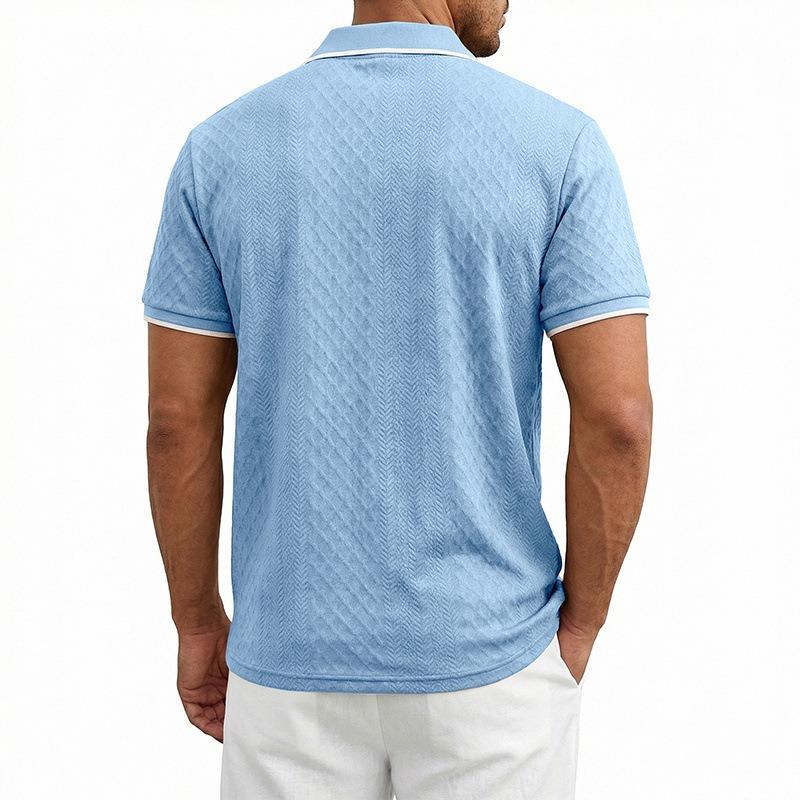 Men's Heavyweight Vintage Loose Jacquard Zip Short Sleeve Polo Shirt.