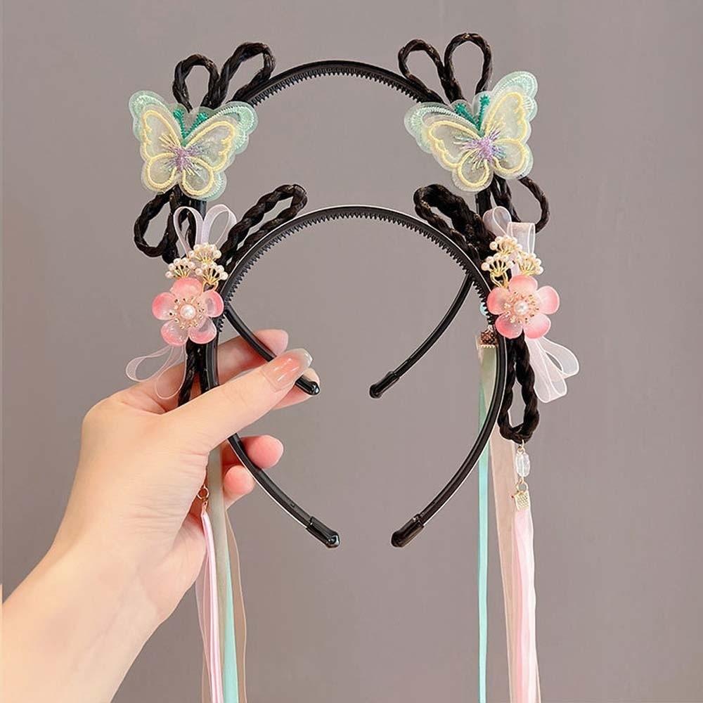 Diadema de Cinta de Mariposa Estilo Chino Borla para Niñas Tocados Hanfu Pelucas Aro para el Pelo Trenzado Fiesta