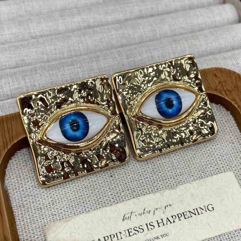 Retro Styl Plisowana Faktura Kwadratowe Kolczyki Spersonalizowane Przesada Niebieskie Oko Diabła Kolczyki Studs Modne Akcesoria