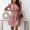 Women's Color Round Neck Pullover Short Sleeve Ruffle Tie Waist Dress