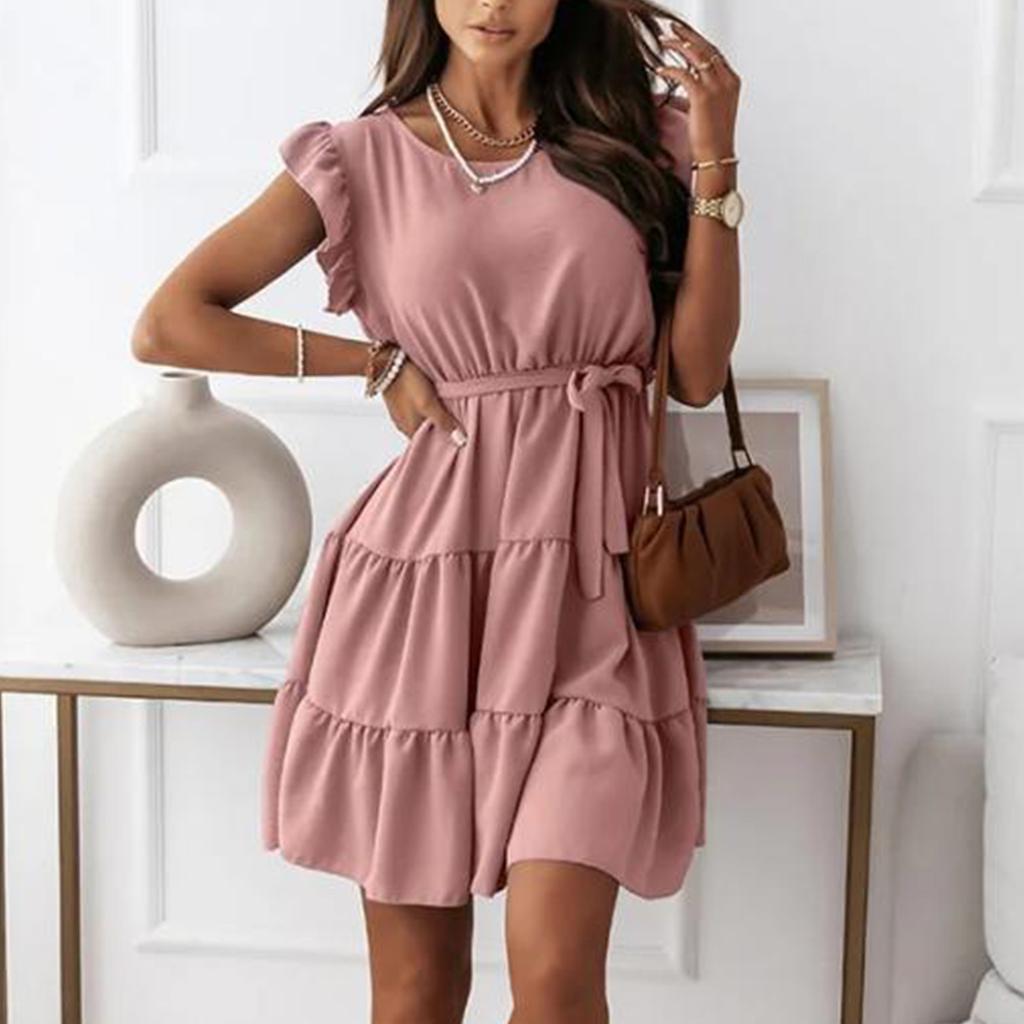 Women's Color Round Neck Pullover Short Sleeve Ruffle Tie Waist Dress
