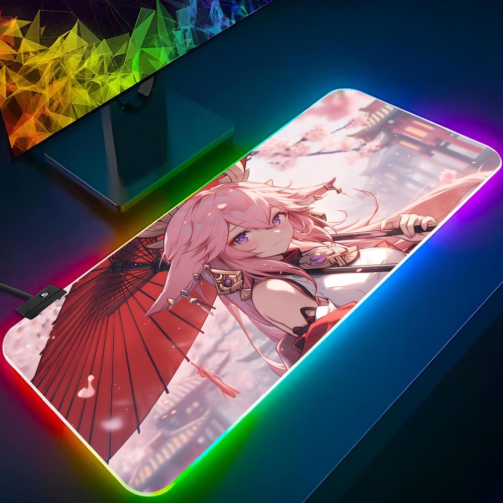 

Коврик для мыши Yae Miko Genshin Impact Игровой RGB-коврик для мыши Печать на заказ Клавиатура с подсветкой Девушка-геймер XXL Коврик для ноутбука Настольные коврики Deskpad RGB600x300x3mm