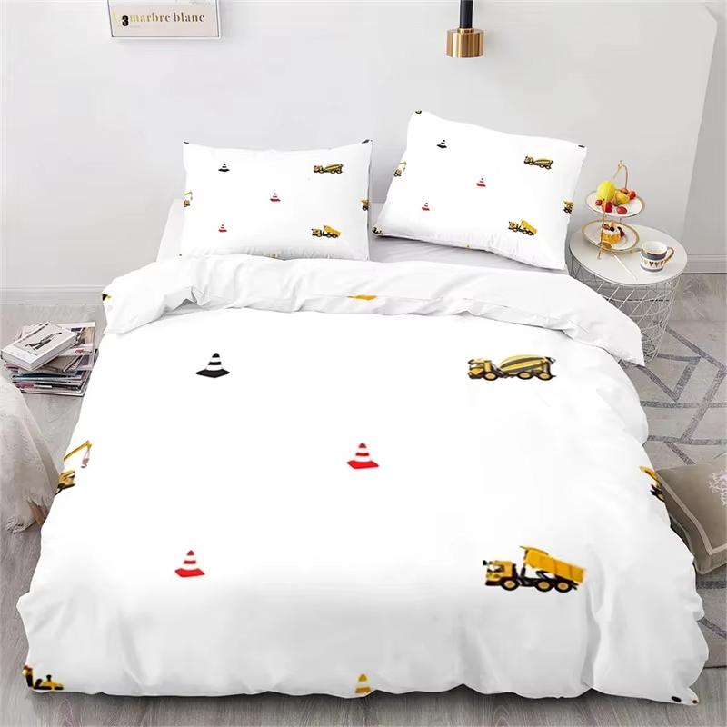 Cartoon Pattern Duvet Cover Set King Size Double Bed Full Size Engineering Truck Set Kids Boys Girls Excavator Bedding 3 Pcs