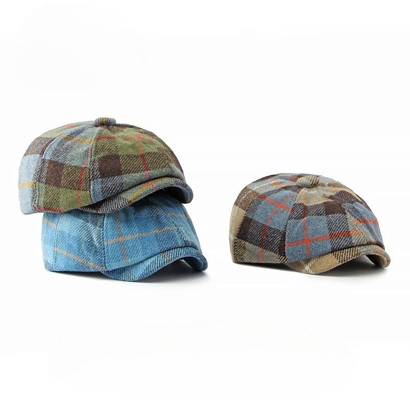 New Autumn Winter British Retro Plaid Newsboy Cap Men Women Woolen Octagonal Hat Vintage Beret Peaked Cap