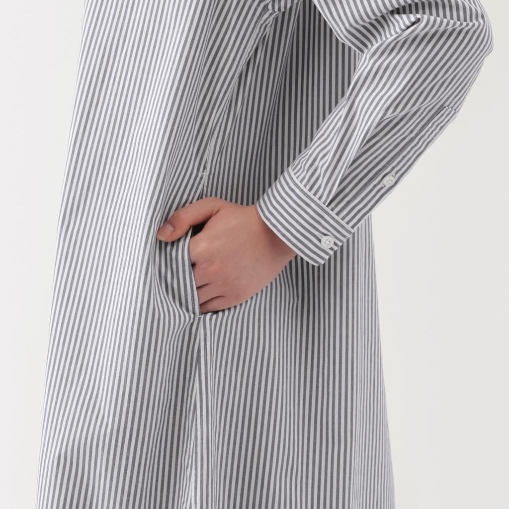 MUJI Women's Washed Broad Stand Collar Long Sleeve Dress, Dark Navy Stripe, Size L, BC2LUA5S