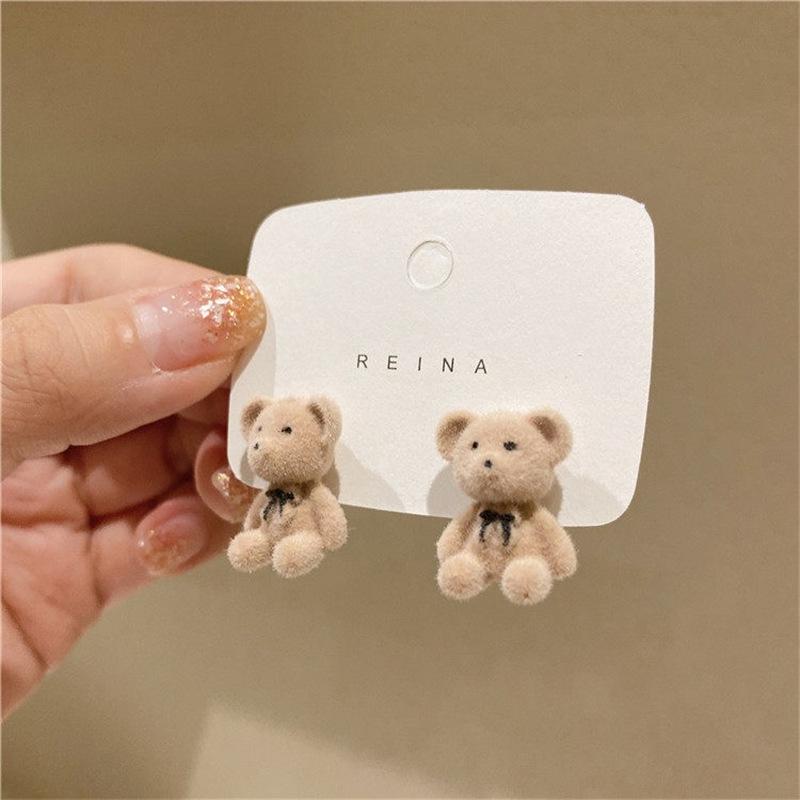 Bear Earrings for Women Girls 2026 Fashion Korea Silver Needle Autumn and Winter Earrings Cute Flocking Rabbit Ear Studs Jewelry