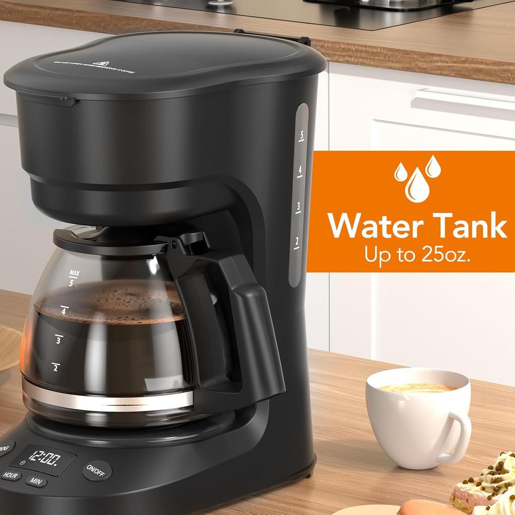 5-Cup Drip Coffee Maker, a Compact Coffee Machine with a Digital Clock and 24-hour Programmable Timer, Featuring Auto