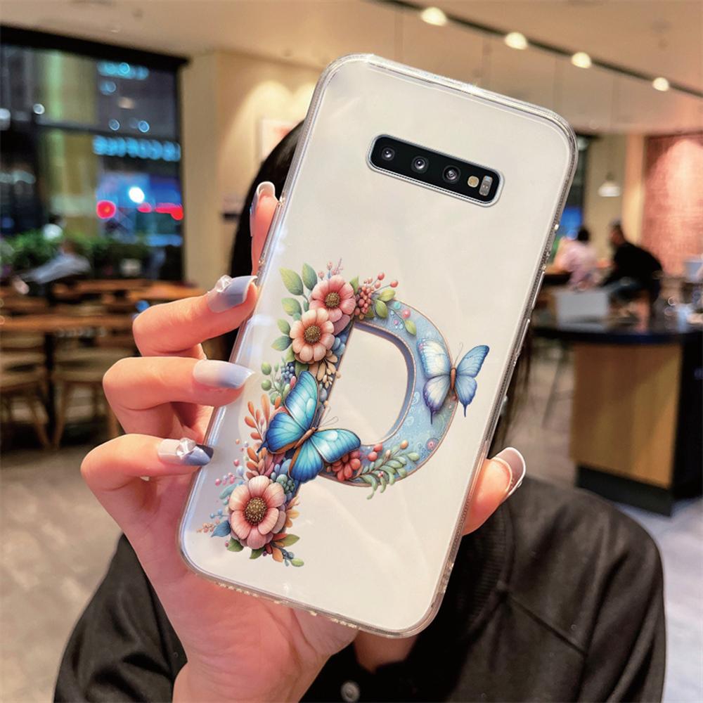 For Samsung Galaxy S10 Plus S10+ S10e Silicone Cover Transparent Clear Samsung s10 Cute Blue Butterfly Flower Letters Phone Case