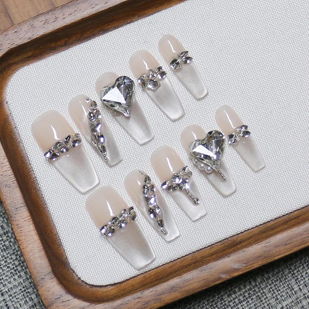Handmade Cat Eye Glitter Gradient Nails with Rhinestones & Pearls