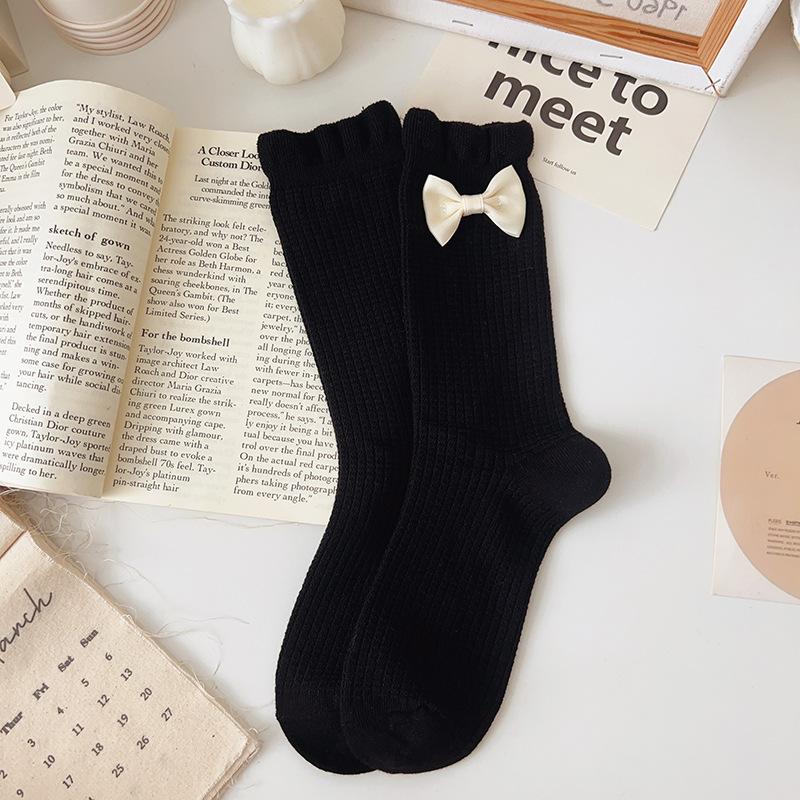 Embroidered Bow Socks Medium Tube Socks Cotton Spring And Autumn White Black Stacking Socks Mesh Stockings
