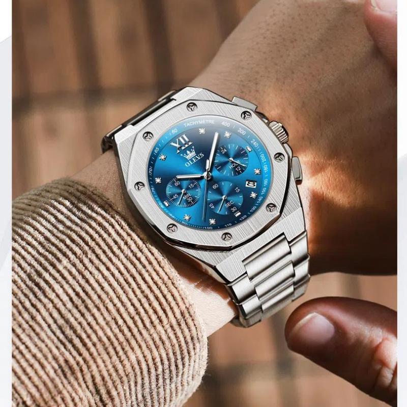 OLEVS Quartz Men Watch Multifunctional Luxury Wristwatch Diamonds Gold Stainless Steel Waterproof Clock