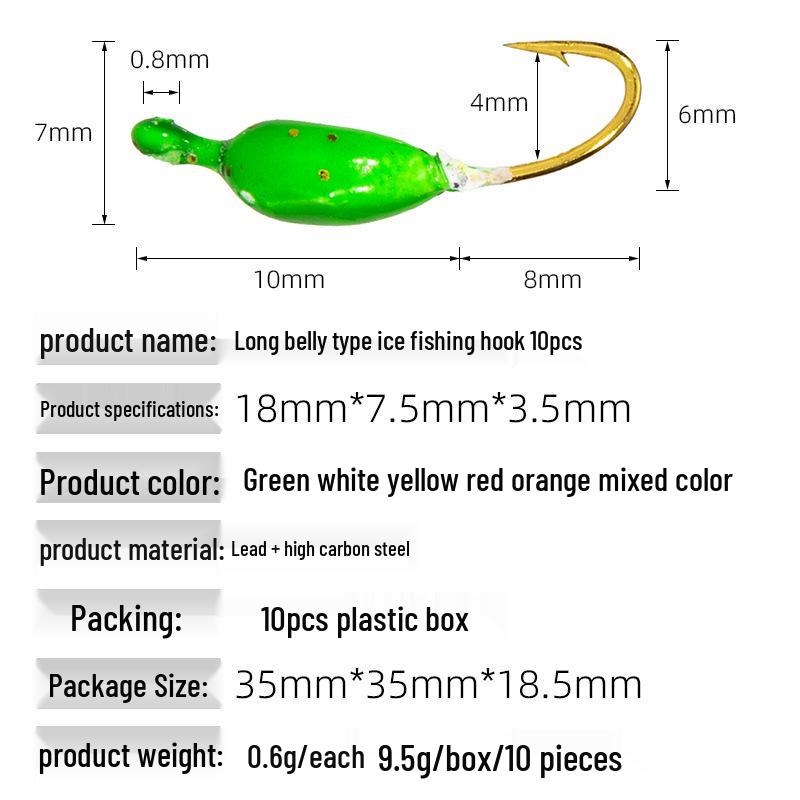 Winter Barbed Mini Lure: Long Body Ice Fishing Hook with Colored Lead Head and Upward Facing Design