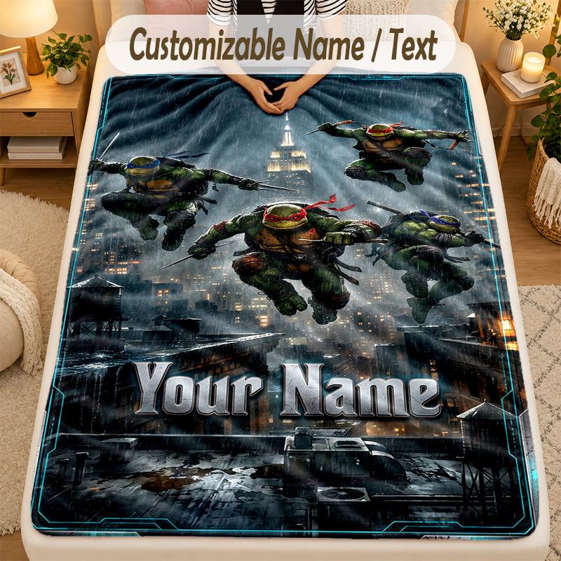 Flannel BlanketTeenage Mutant Ninja Turtles Custom Name Text Personalized Soft Warm Throw Blanket Home Decor Gift