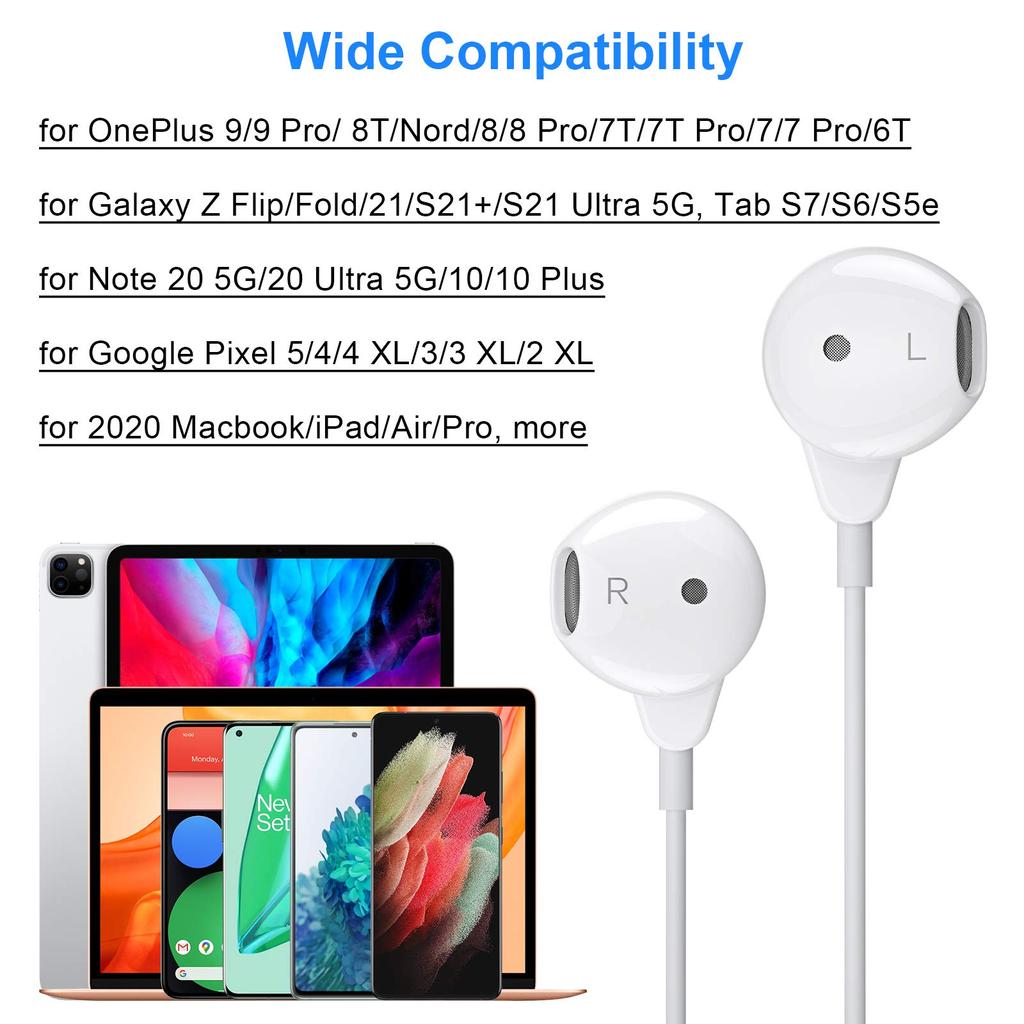 Wired Earphones with Compatible with iPad Air iPad 10th iPad Mini Galaxy Fold Google Pixel Xiaomi 11T and Noise Deep Call White Type-C Mic, 4/5,
