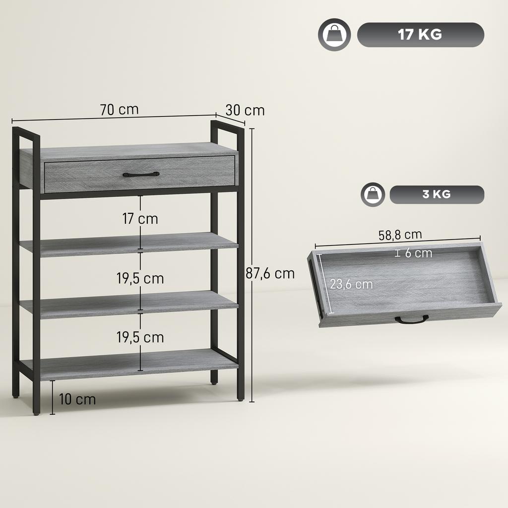 4-Tier Shoe Rack, Hallway Shelf for Up To 9 Pairs of Shoes, Particleboard, Metal, Grey