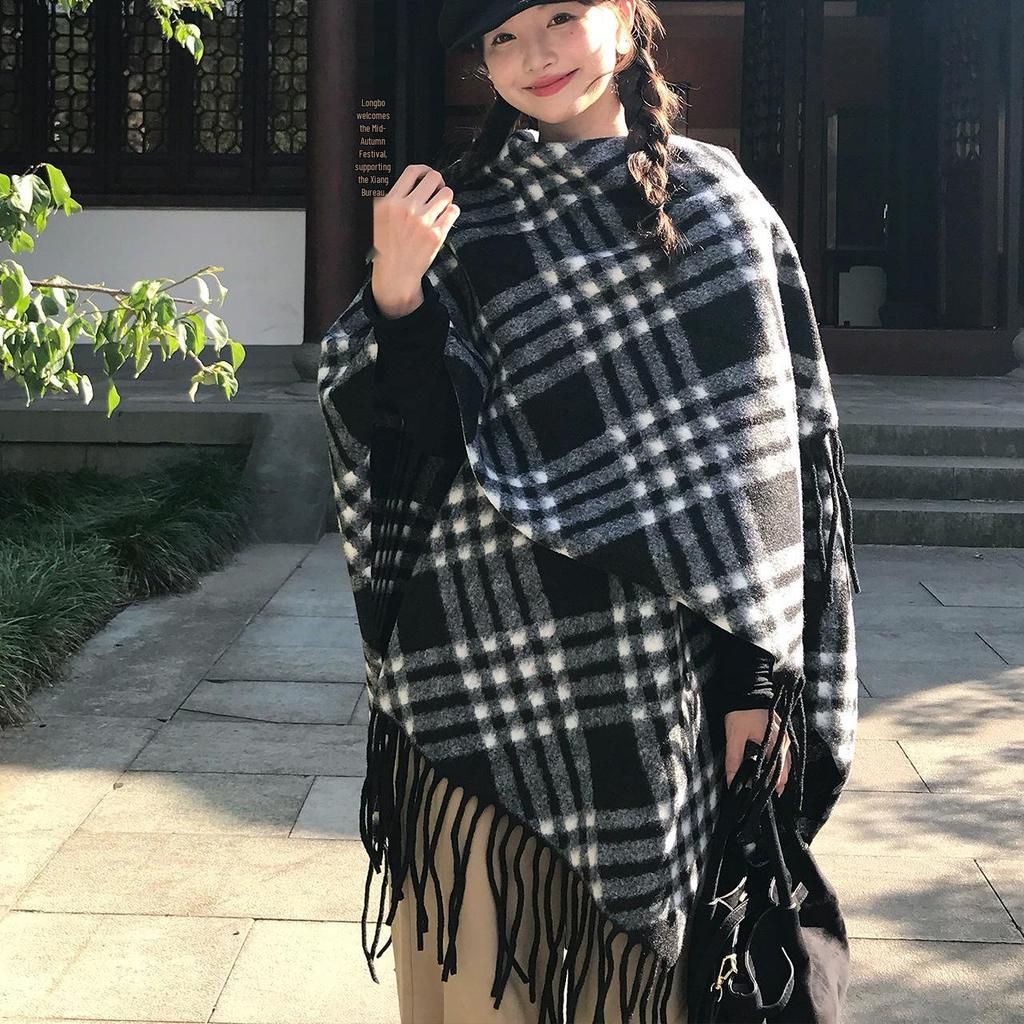 Retro Striped Tassel Korean Cape: High-End Warm Plaid Scarf Shawl