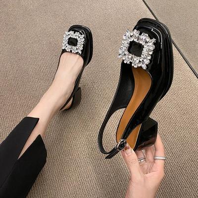 Fashion Mid Heel Rhinestone Sandals Women Shoes 2024 New Summer Fashion Square Headed Mary Jane Shoes Ladies Slingback Shoes Sandalias
