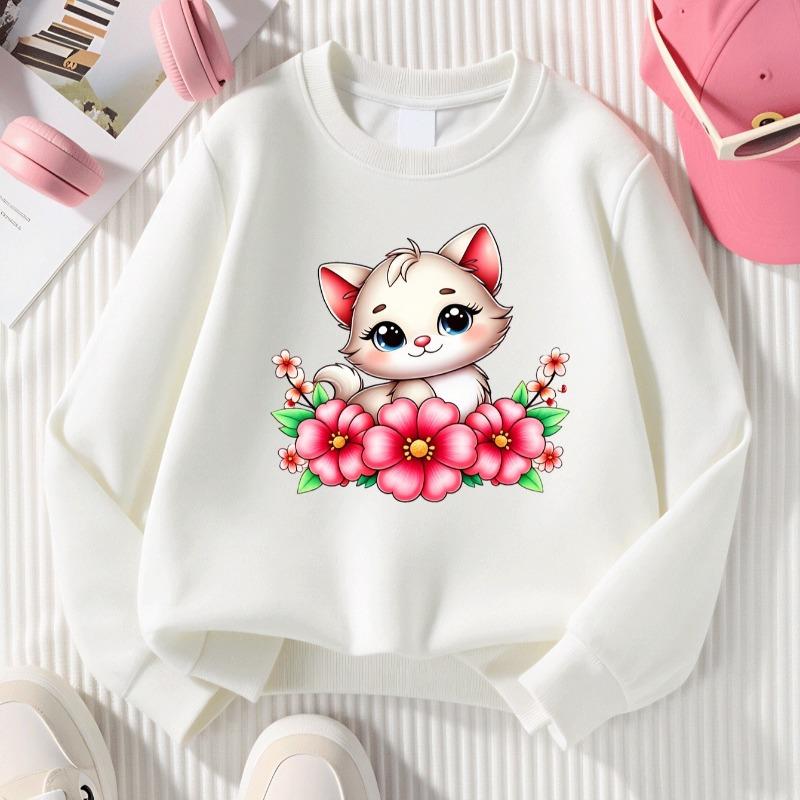 Kids Crewneck Sweatshirt, Cute Kitten with Pink Flowers Print, Soft Casual Pullover for Fall Winter