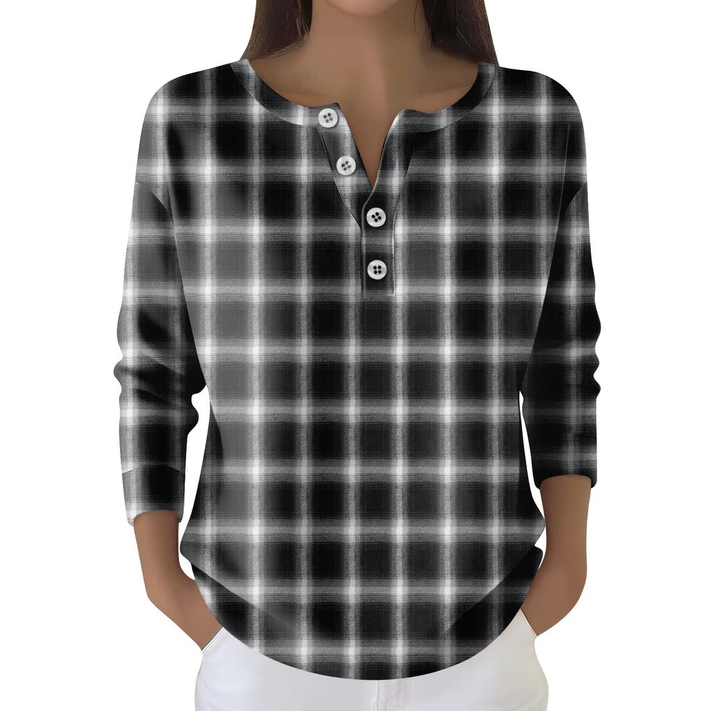Women's Fashion Long Sleeve Plaid Geometric Print Top Elegant Casual Top