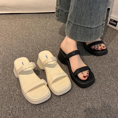 Slippers Women's Summer 2025 New Black Lightweight Thick-soled Thick Heel with Fashionable Outer Wear Heightening Sandals Women