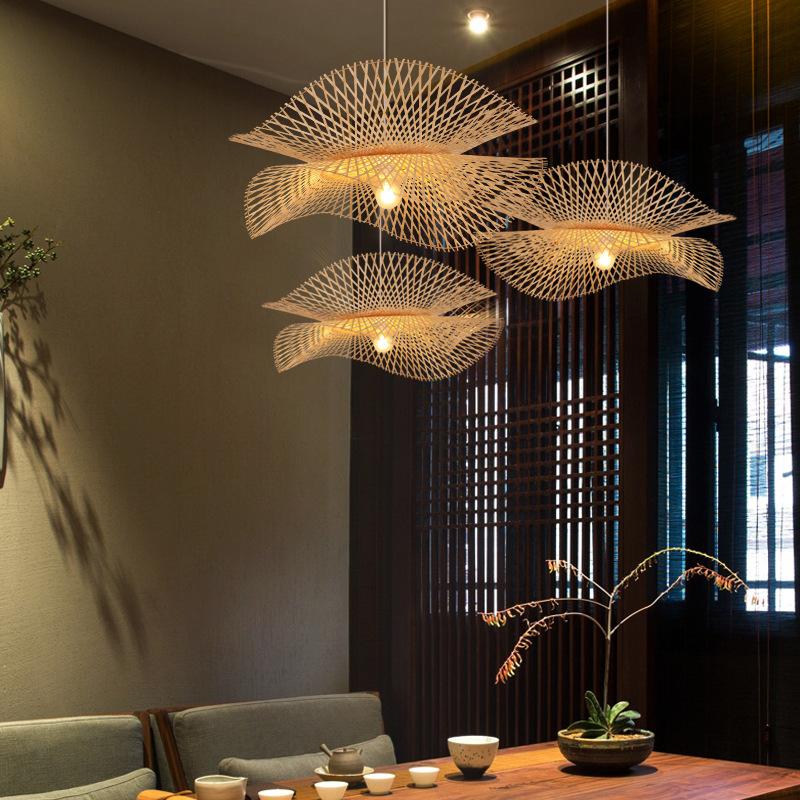 Floating Double Lotus Leaves Hand-woven Bamboo Ceiling Fixture Ancient Natural Rattan Pendant Lighting Ceiling Hang Light