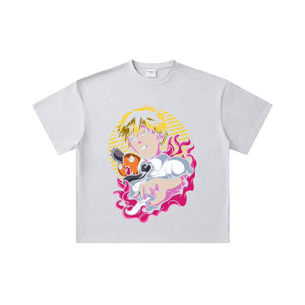 260 GSM Double Yarn 32 Count 100% Cotton Chainsaw Man V4 Denji X Pochita Print Unisex Heavy Cotton T Shirt