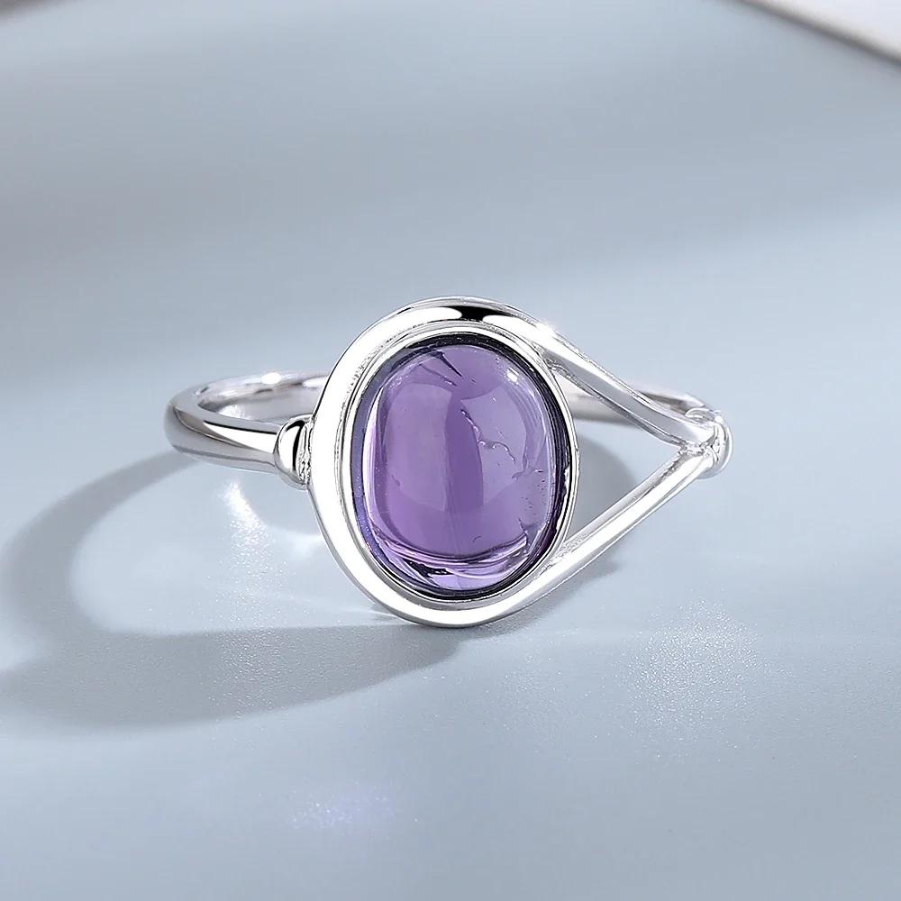 Vintage Carved Pattern Oval Purple Stone Rings, Amethyst Gemstone CopperPlating Ring, Women's Boho Fashion Jewelry Cross-Border