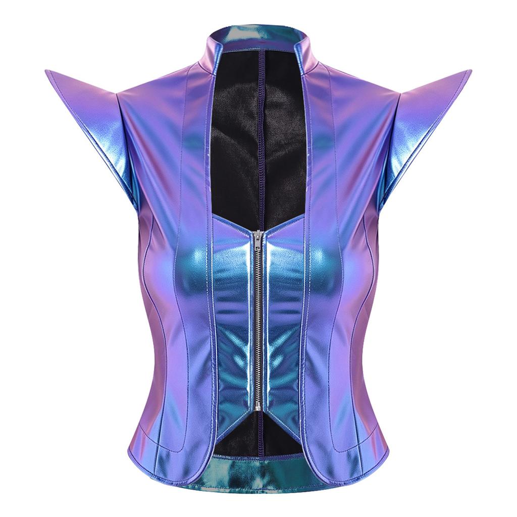 Women Metallic Steampunk Waistcoat Victorian Gothic Cap Sleeve Zipper Front Vest for Carnival Stage Performance