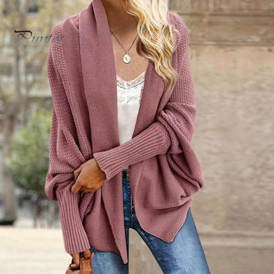 Dámský kardiganový kabát bez límce s netopýřími rukávy a dlouhým rukávem, otevřený vpředu, pletený kabát, elastické manžety, jednobarevný, volný střih, pletený kardigan