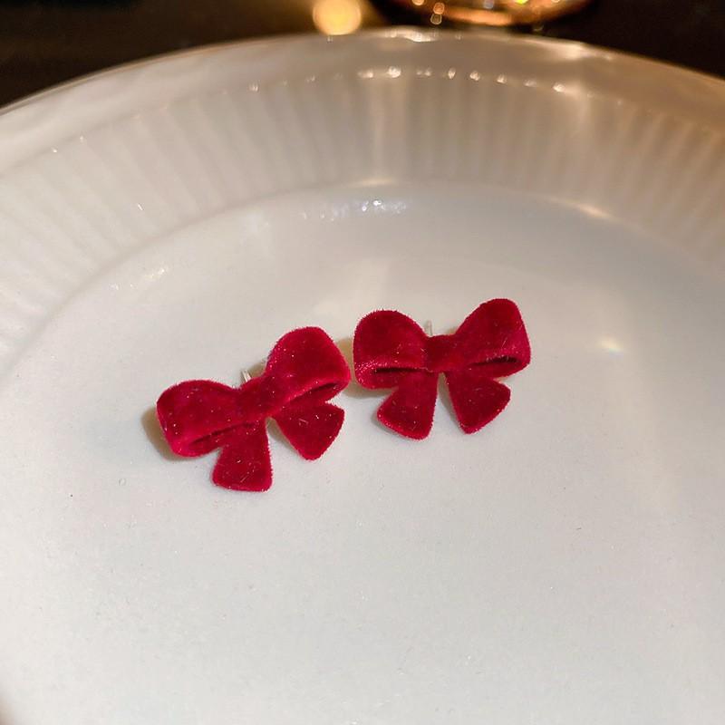 Flocking red bow earrings autumn and winter new niche versatile earrings fashionable elegance temperament earrings women