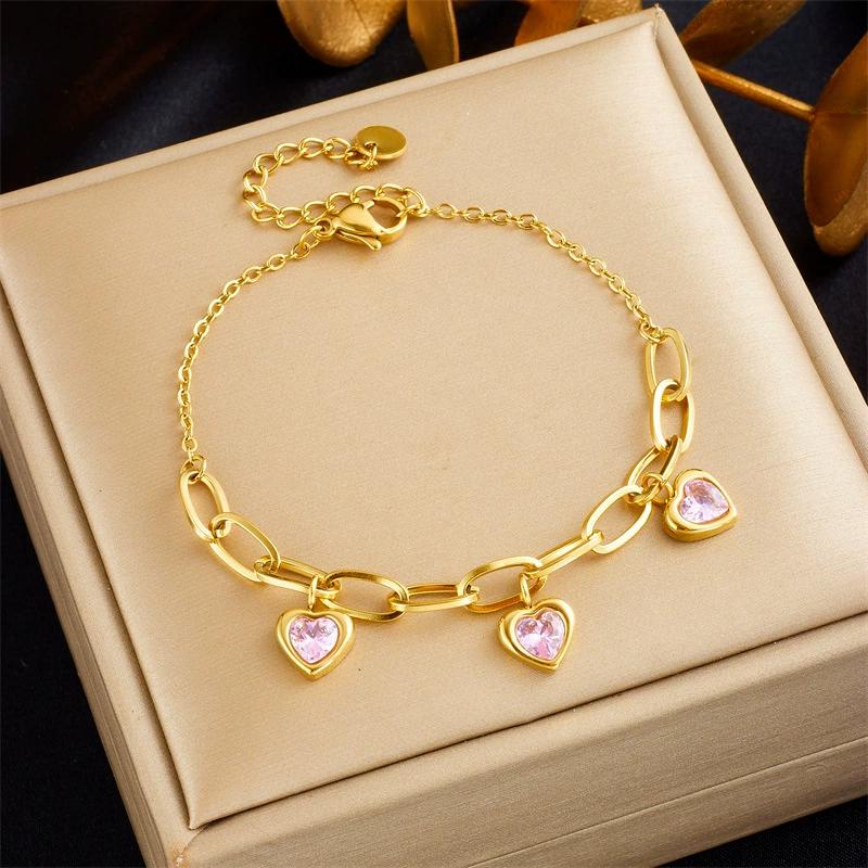 Light Luxury Vintage Stainless Steel Gold Plated Bracelet Women Heart Zircon Charms Unique Paperclip Chain Jewelry Gift for Her